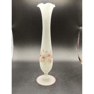 Vintage viking satin glass ruffle top floral footed vase